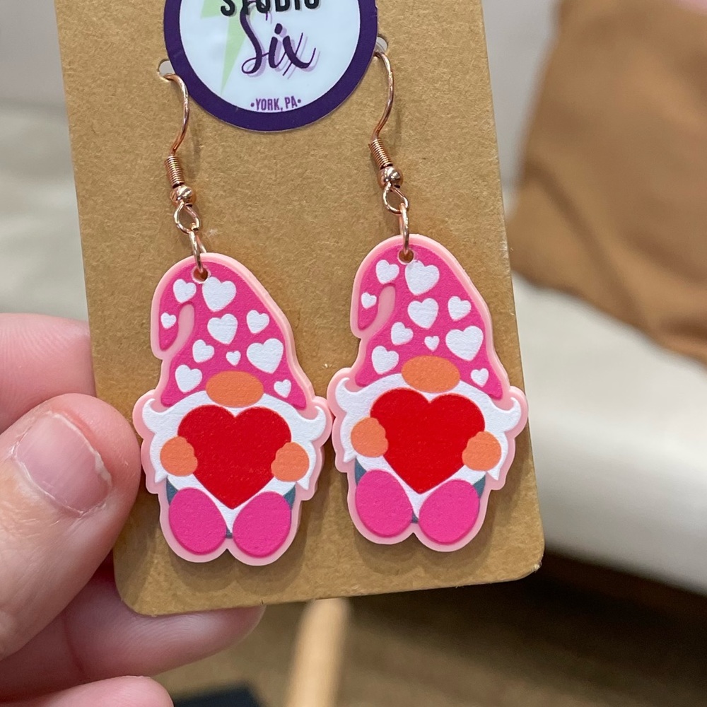 Valentine’s Gnome Earrings with Hearts Love Fun Lightweight Hypoallergenic New.